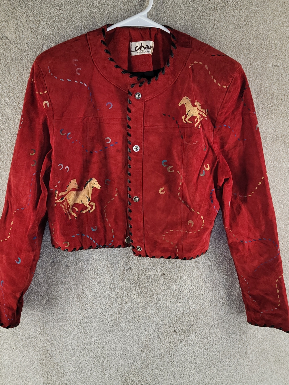 VTG Char Santa Fe Red Suede Western Jacket Hand Painted Horse Crop Whipstitch M